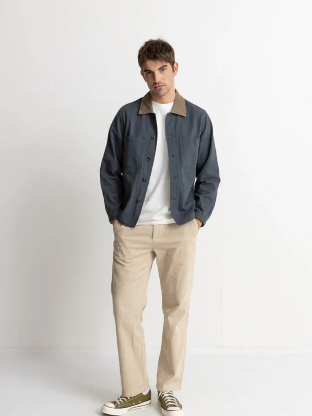 RHYTHM Cotton Twill Corduroy Collar Utility Chore Barn Jacket Blue Tan Size M